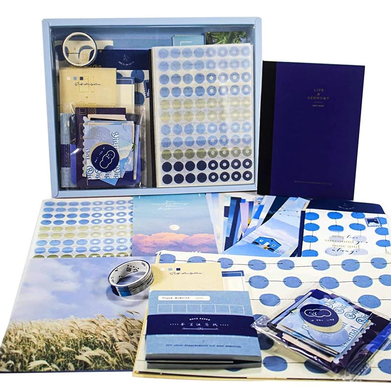 HASTHIP HASTHIP® Scrapbooking Supplies Gift Set Notebook Washi Tape Stickers Set Aesthetic Scrapbook Sticker Kit for Bullet Journal, Scrapbook, DIY Craft, Wall Decor, Paper (Blue)  - Image 1