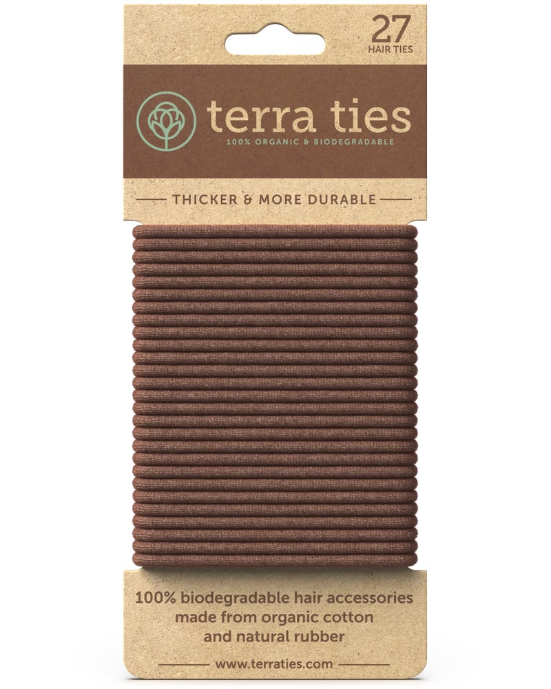 Terra Ties BIODEGRADABLE Elastic Hair Ties for Women & Men - Organic No Crease Brown Hair Tie Ponytail Holders and Hairties for Buns - Plastic Free Hairbands for Women and Mens Hair - 5mm (27 count) - Image 1