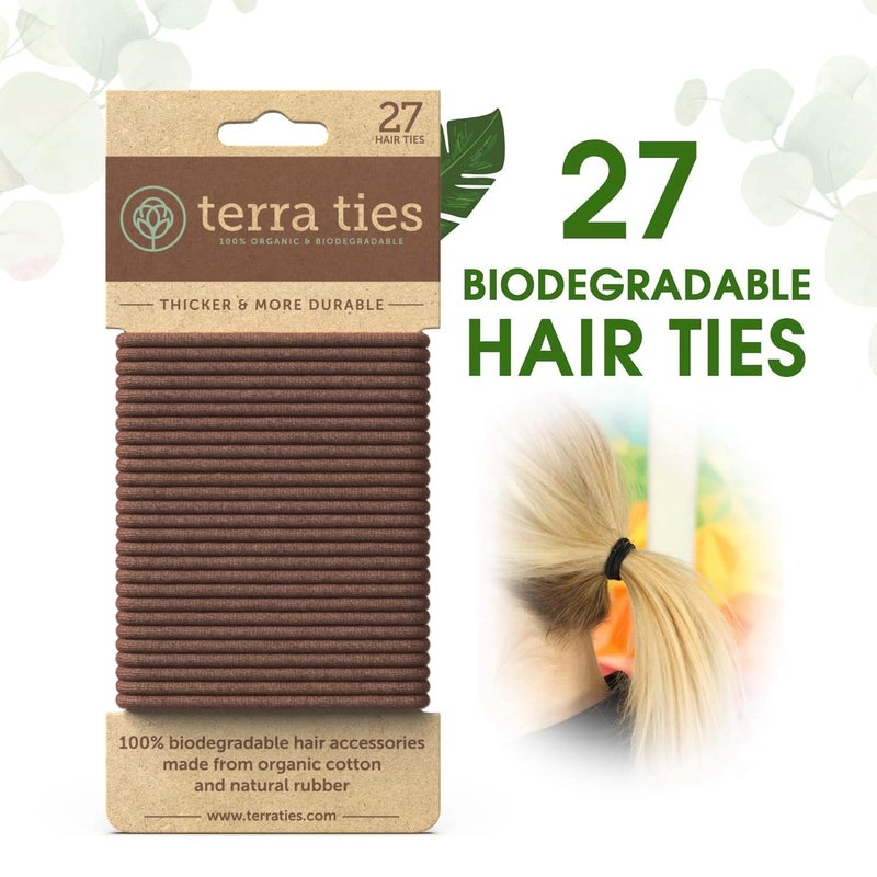 Terra Ties BIODEGRADABLE Elastic Hair Ties for Women & Men - Organic No Crease Brown Hair Tie Ponytail Holders and Hairties for Buns - Plastic Free Hairbands for Women and Mens Hair - 5mm (27 count) - Image 2