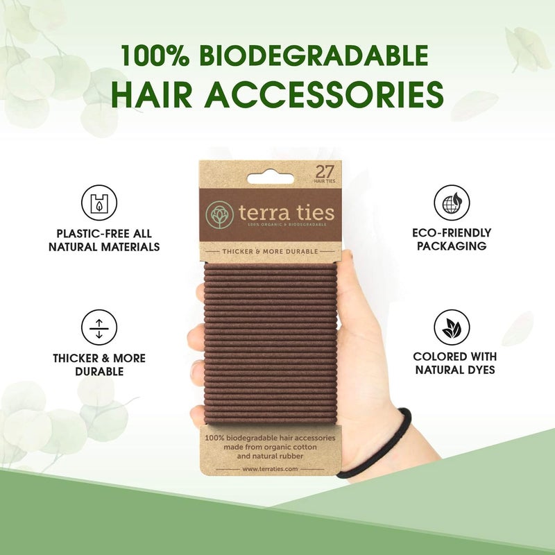 Terra Ties BIODEGRADABLE Elastic Hair Ties for Women & Men - Organic No Crease Brown Hair Tie Ponytail Holders and Hairties for Buns - Plastic Free Hairbands for Women and Mens Hair - 5mm (27 count) - Image 3