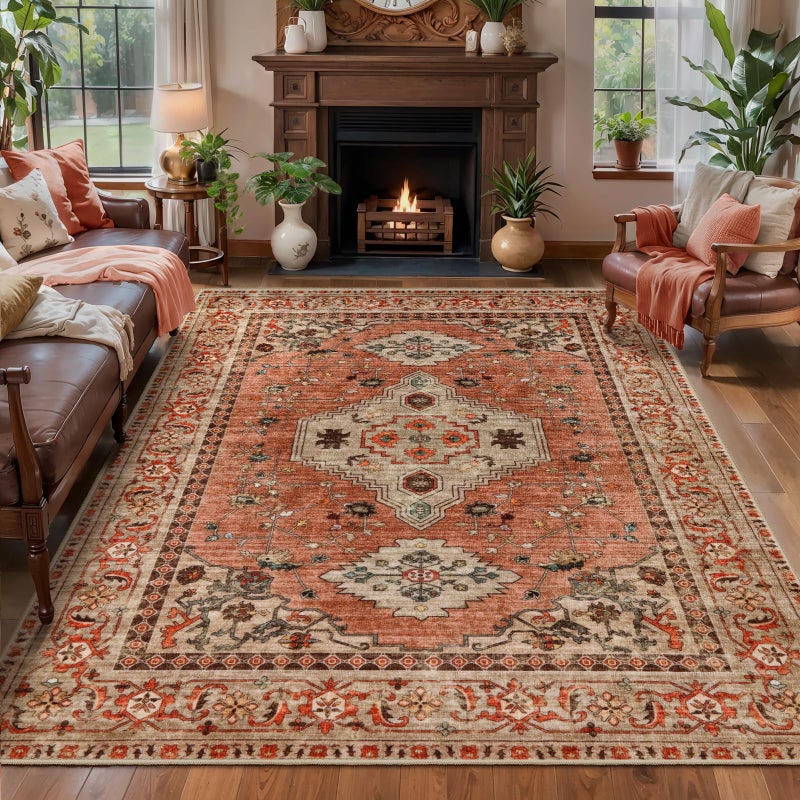 Tangsoo Boho Rug 4x6 Area Rug, Washable Vintage Indoor, Oriental Non Slip Distressed Terracotta Carpet, Machine Washable Rug, Soft Low Pile Rugs Foldable Floor for Dining Room Bedroom Living Room - Image 1