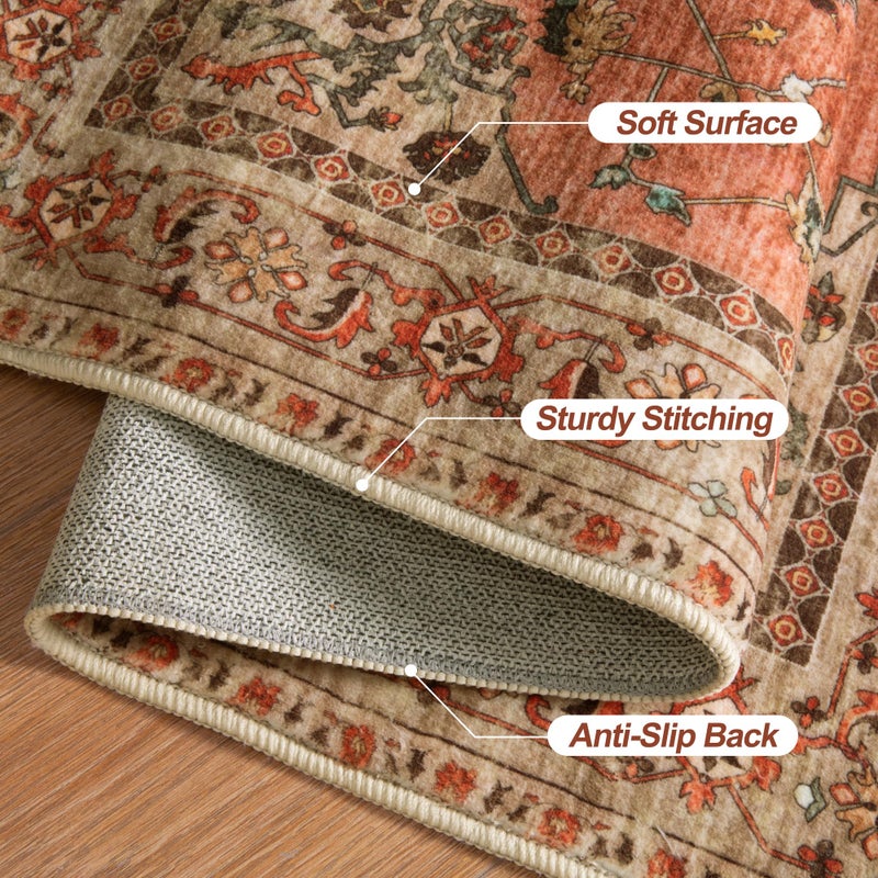 Tangsoo Boho Rug 4x6 Area Rug, Washable Vintage Indoor, Oriental Non Slip Distressed Terracotta Carpet, Machine Washable Rug, Soft Low Pile Rugs Foldable Floor for Dining Room Bedroom Living Room - Image 5