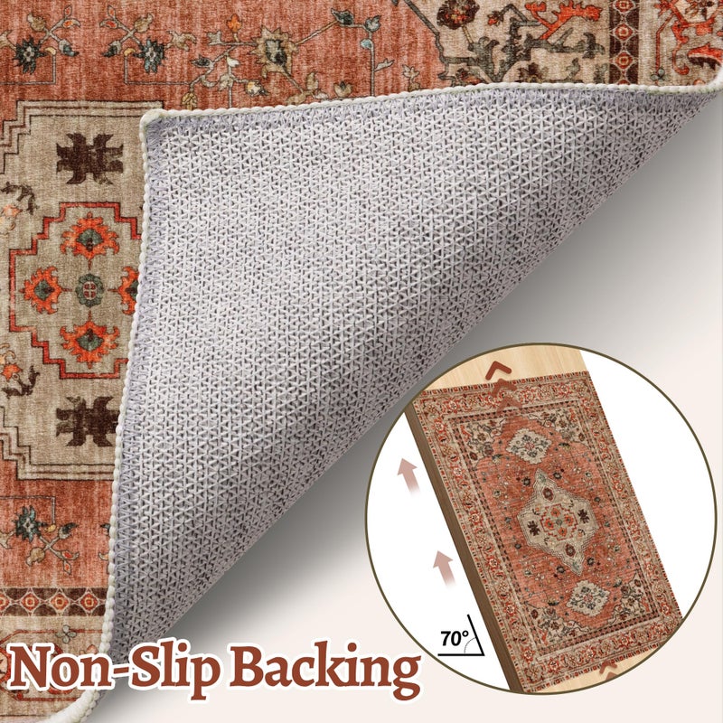 Tangsoo Boho Rug 4x6 Area Rug, Washable Vintage Indoor, Oriental Non Slip Distressed Terracotta Carpet, Machine Washable Rug, Soft Low Pile Rugs Foldable Floor for Dining Room Bedroom Living Room - Image 4