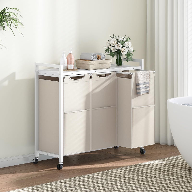 HOOBRO Laundry Sorter 3 Section, Laundry Hamper with Wheels, 3 Ã— 11.5 Gal (43.4L), Rolling Laundry Basket, Pull-Out and Removable Oxford Fabric Bags, White WG76XY01 - Image 2