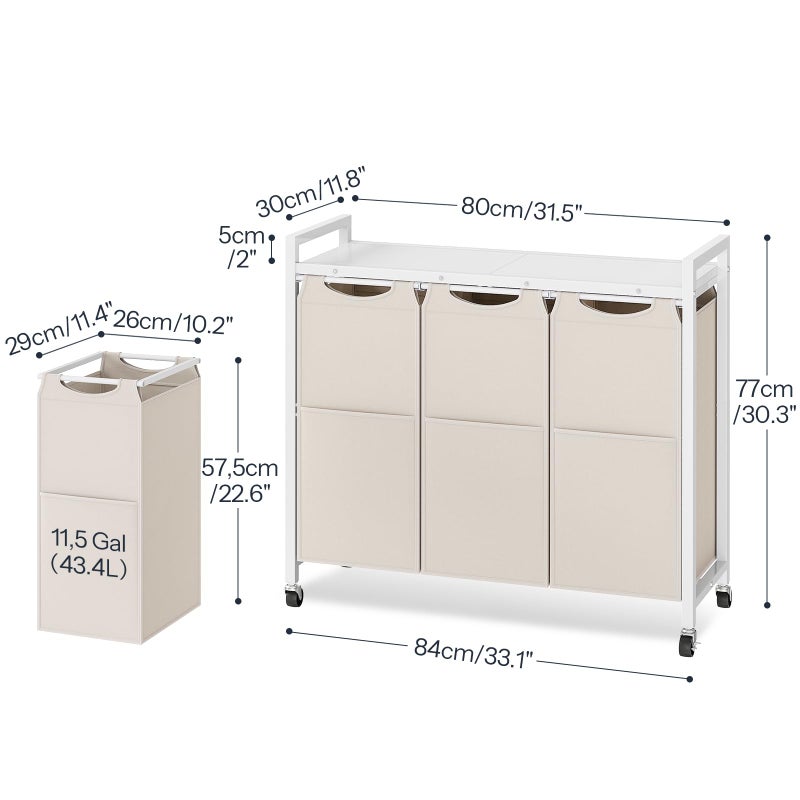 HOOBRO Laundry Sorter 3 Section, Laundry Hamper with Wheels, 3 Ã— 11.5 Gal (43.4L), Rolling Laundry Basket, Pull-Out and Removable Oxford Fabric Bags, White WG76XY01 - Image 3