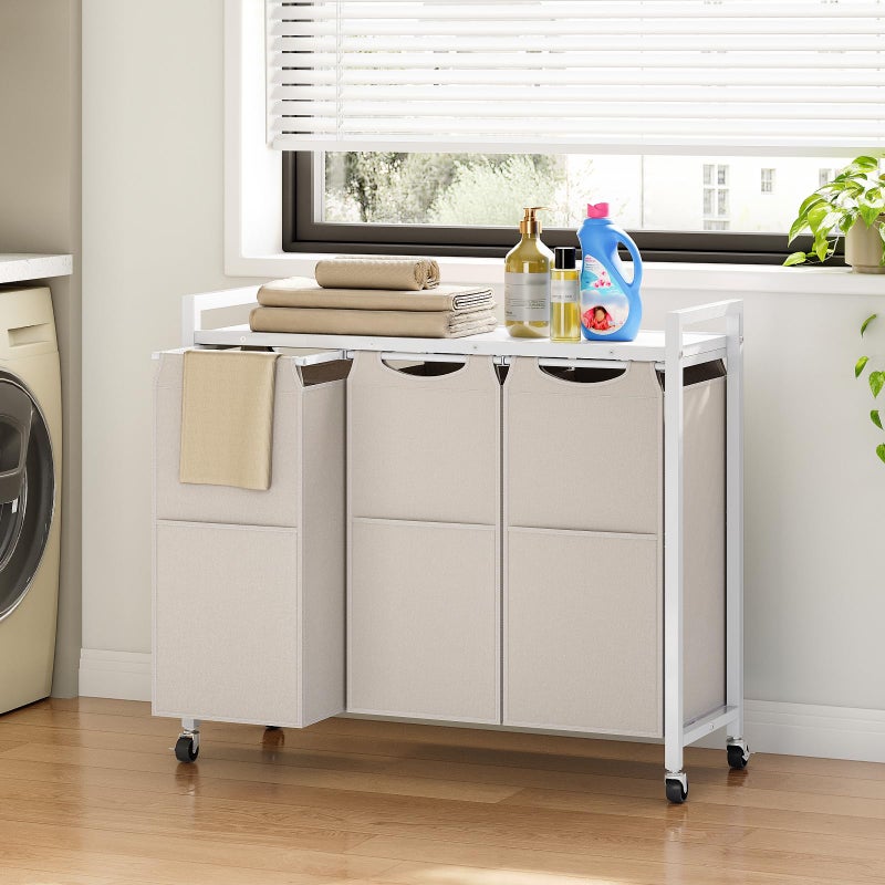 HOOBRO Laundry Sorter 3 Section, Laundry Hamper with Wheels, 3 Ã— 11.5 Gal (43.4L), Rolling Laundry Basket, Pull-Out and Removable Oxford Fabric Bags, White WG76XY01 - Image 4