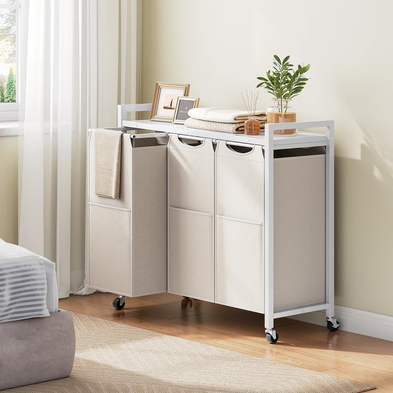 HOOBRO Laundry Sorter 3 Section, Laundry Hamper with Wheels, 3 Ã— 11.5 Gal (43.4L), Rolling Laundry Basket, Pull-Out and Removable Oxford Fabric Bags, White WG76XY01 - Image 5