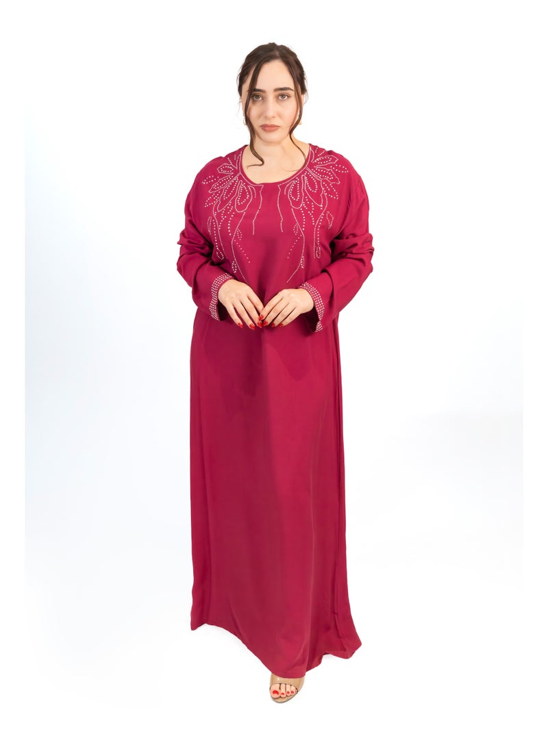 Linelle Wine Red Cotton Rayon Jalabiya with Stone Embellishment - Image 2