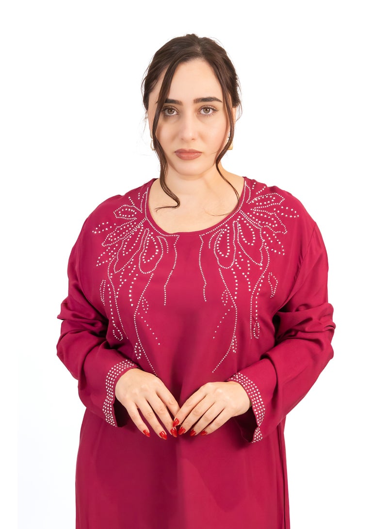 Linelle Wine Red Cotton Rayon Jalabiya with Stone Embellishment - Image 3