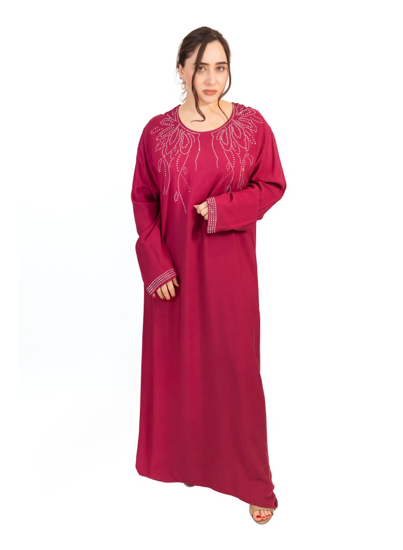 Linelle Wine Red Cotton Rayon Jalabiya with Stone Embellishment - Image 1
