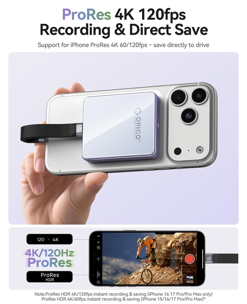 Orico أوريكو 10Gbps مغناطيسي M.2 NVMe SSD إنكليوزر مع منفذ شحن PD100W تسجيل 4K ProRes أقصى 2TB لهاتف iPhone 17/16/15 Pro/Pro Max/Plus يدعم حجم SSD 2230/2242 B+M M-Key بدون قرص AP42P (أزرق) - Image 4