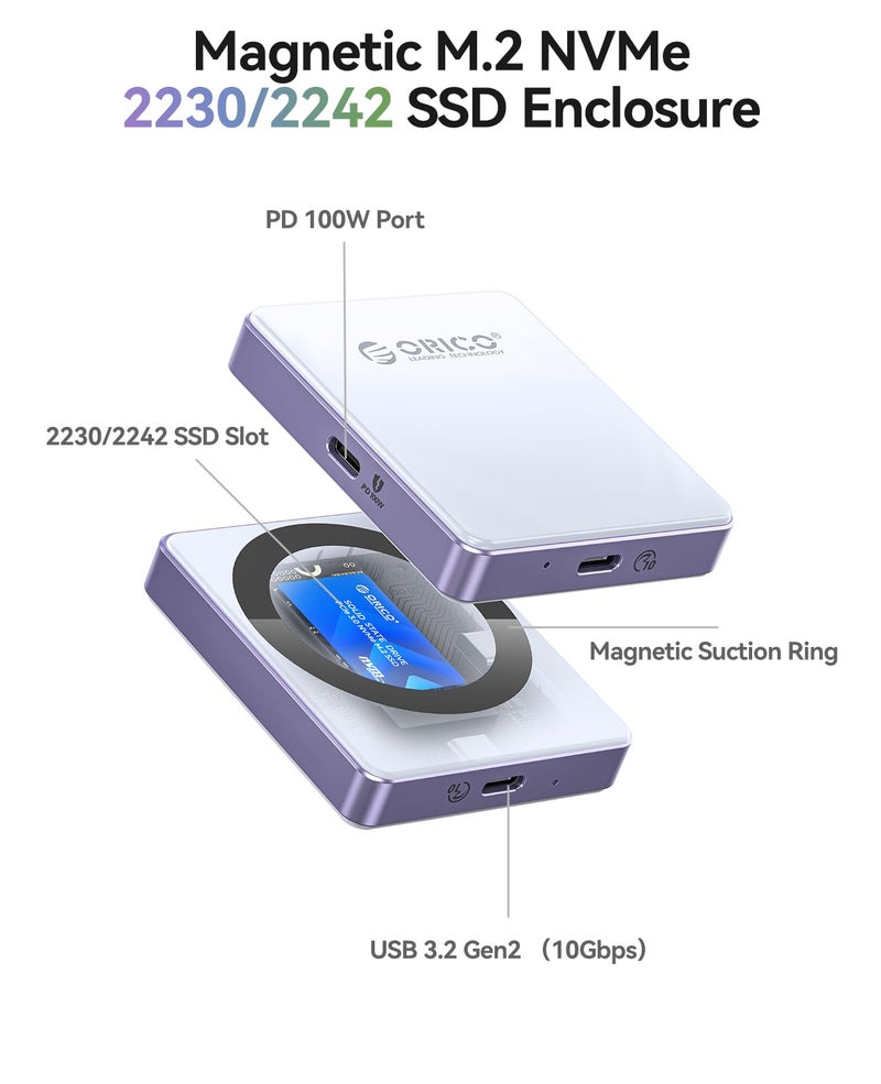Orico أوريكو 10Gbps مغناطيسي M.2 NVMe SSD إنكليوزر مع منفذ شحن PD100W تسجيل 4K ProRes أقصى 2TB لهاتف iPhone 17/16/15 Pro/Pro Max/Plus يدعم حجم SSD 2230/2242 B+M M-Key بدون قرص AP42P (أزرق) - Image 2