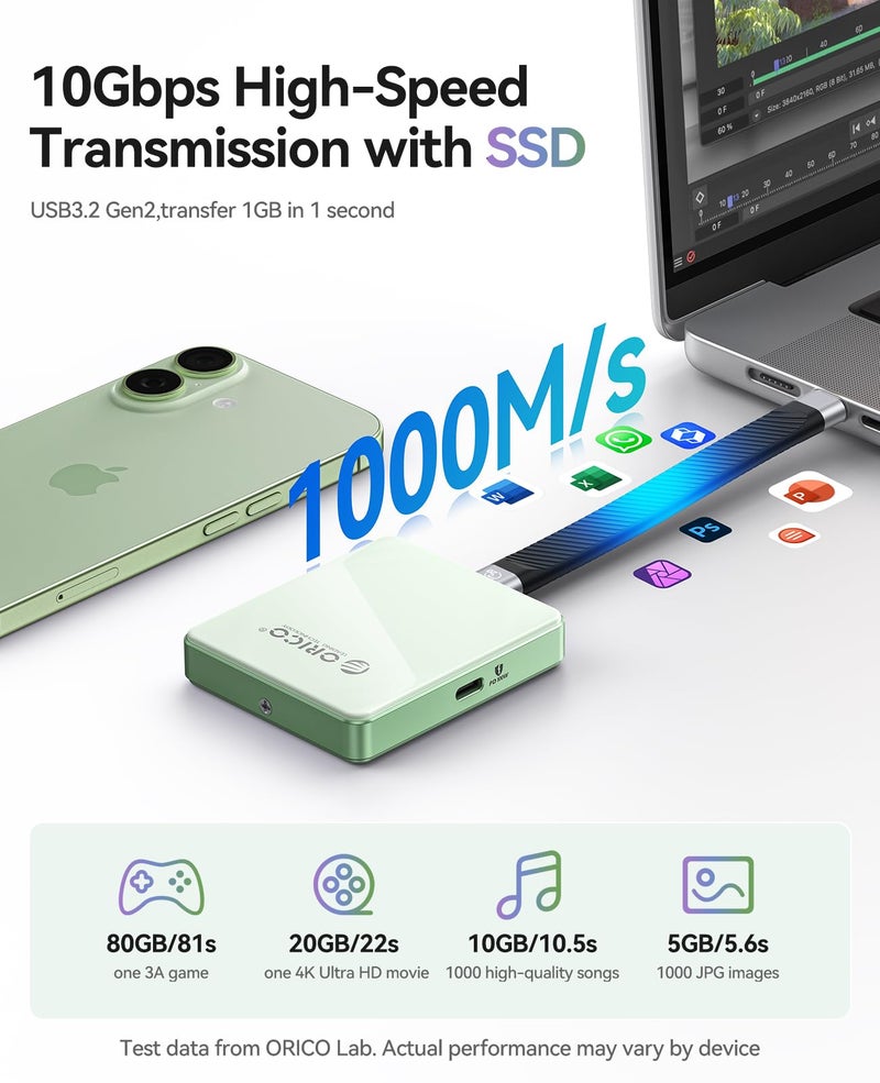 Orico أوريكو 10Gbps مغناطيسي M.2 NVMe SSD إنكليوزر مع منفذ شحن PD100W تسجيل 4K ProRes أقصى 2TB لهاتف iPhone 17/16/15 Pro/Pro Max/Plus يدعم حجم SSD 2230/2242 B+M M-Key بدون قرص AP42P (أزرق) - Image 3