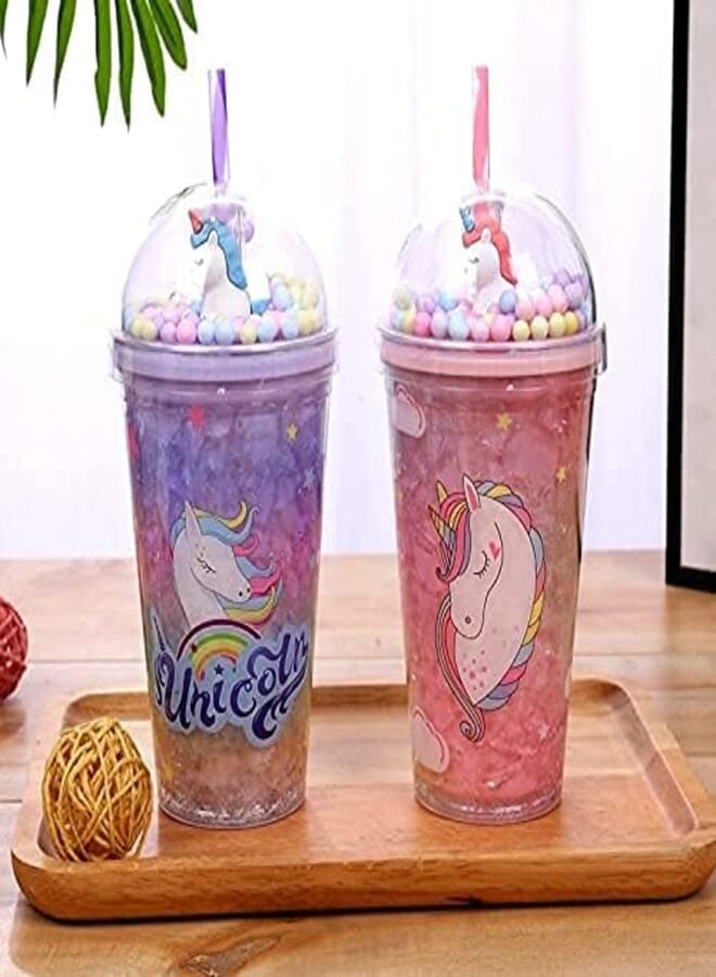 DIPDEY Cute Printed Rainbow Sipper Bottle with Straw,Glass Acrylic Sipper Bottle,Sipper Glass Tumbler,Water Bottle,Glitter Sipper with Toy on Top(Multi Color)- Pack of 1 (LED Unicorn Sipper)