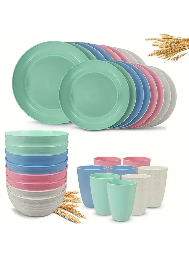 Wheat 32-Piece Mixed Color Reusable Tableware Set Includes Plates Bowls Cups - Image 1