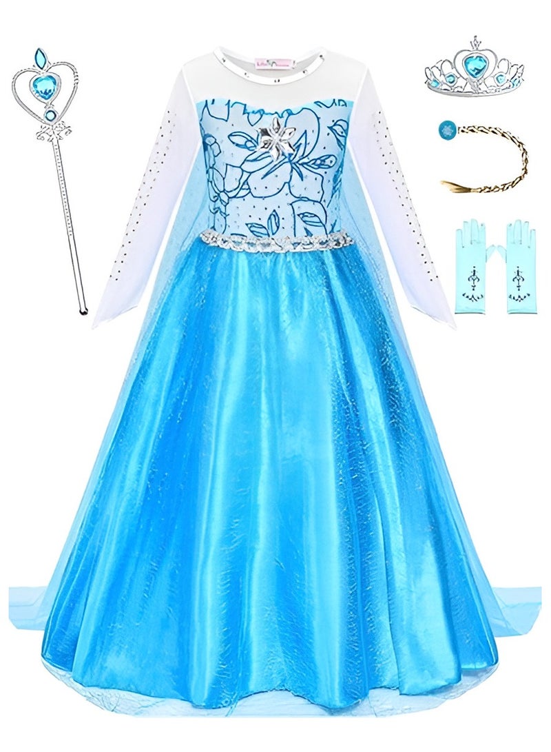 أزياء ملكة الثلج للفتيات، ملابس الحفلات التنكرية للفتيات، فستان ملكة الثلج لأعياد الميلاد، فستان للأطفال، زي أزرق مع مجموعة إكسسوارات - Image 1