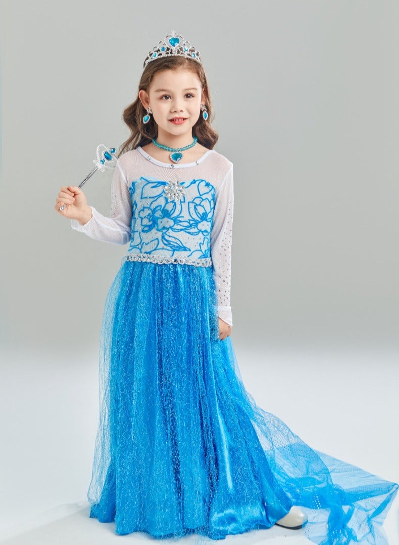 أزياء ملكة الثلج للفتيات، ملابس الحفلات التنكرية للفتيات، فستان ملكة الثلج لأعياد الميلاد، فستان للأطفال، زي أزرق مع مجموعة إكسسوارات - Image 3