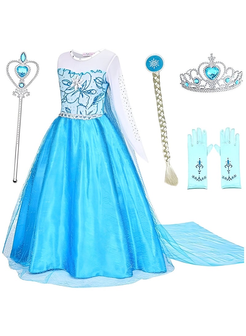 أزياء ملكة الثلج للفتيات، ملابس الحفلات التنكرية للفتيات، فستان ملكة الثلج لأعياد الميلاد، فستان للأطفال، زي أزرق مع مجموعة إكسسوارات - Image 2