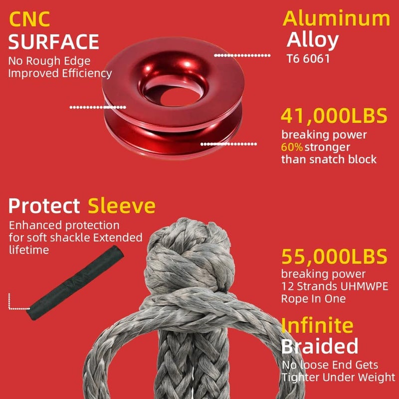 SCHTUMPA 2pcs Synthetic Soft Shackles (57,000lbs Max Breaking Strength) 1/2 inch x 22 inch with Red Recovery Ring Kit for Sailing SUV ATV 4X4 Truck Jeep(Grey) - Image 2