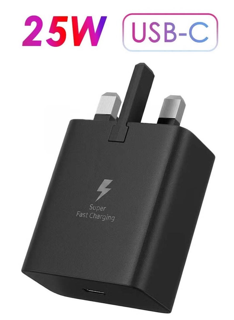 شاحن جداري فائق السرعة 25 واط USB-C Type-C مع تقنية PD للشحن السريع، متوافق مع سامسونج جالكسي S25 Ultra S25+ S25 S24 Ultra S24 S23 S22 A56 A55 A54 A35 A34، مناسب للهواتف الذكية والأجهزة اللوحية، رأس شاحن حائط سريع، لون أسود - Image 1