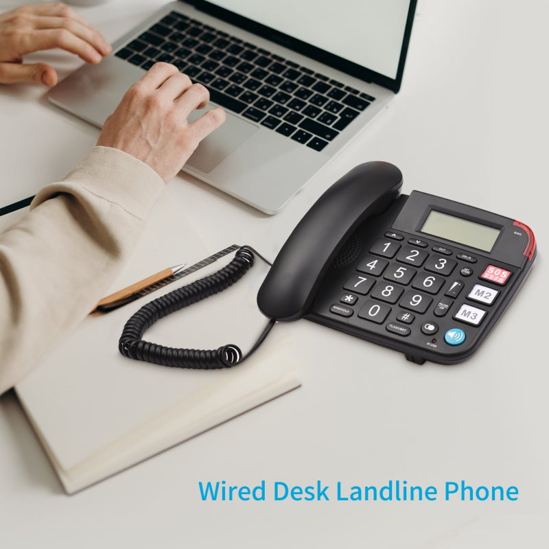 هاتف أرضي مكتبي بسلك هاتف ثابت بأزرار كبيرة لكبار السن مع شاشة LCD وميزات كتم الصوت / إيقاف مؤقت / تعليق / فلاش / إعادة الاتصال / استخدام بدون استخدام اليدين للمنزل والفندق والمكتب والبنك ومركز الاتصال - Image 5