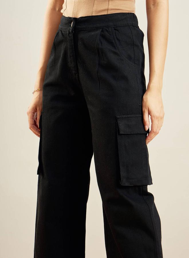 SASSAFRAS Women Black Solid High Rise Straight Pants - Image 4