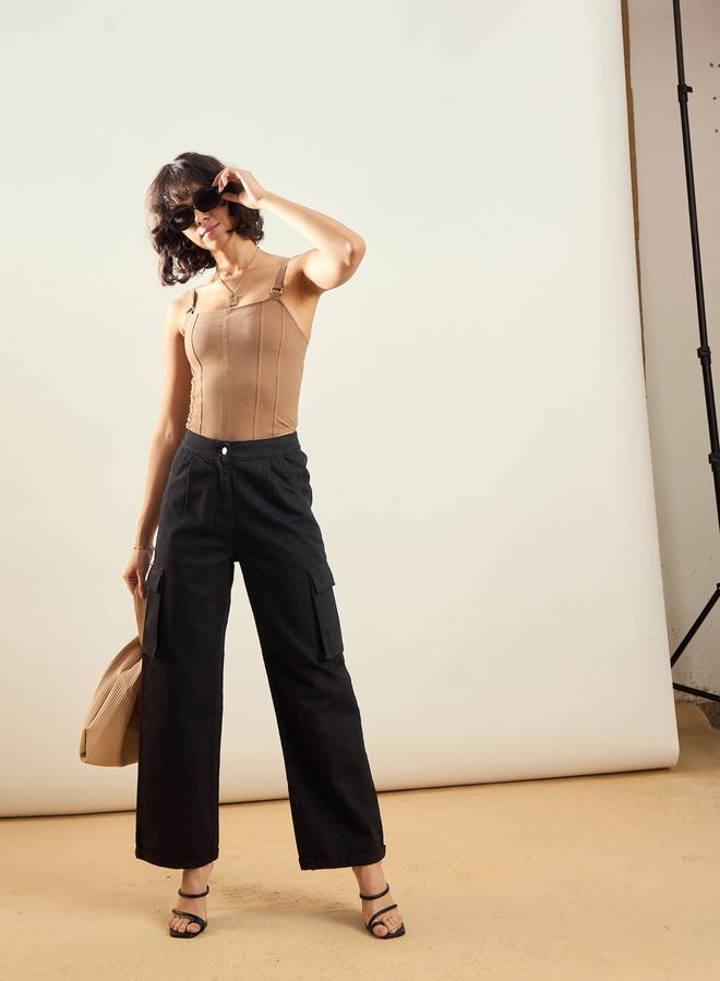 SASSAFRAS Women Black Solid High Rise Straight Pants - Image 5