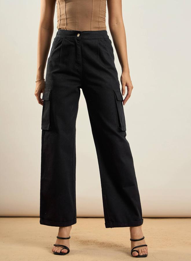 SASSAFRAS Women Black Solid High Rise Straight Pants - Image 1