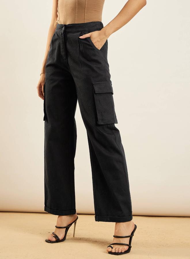 SASSAFRAS Women Black Solid High Rise Straight Pants - Image 2