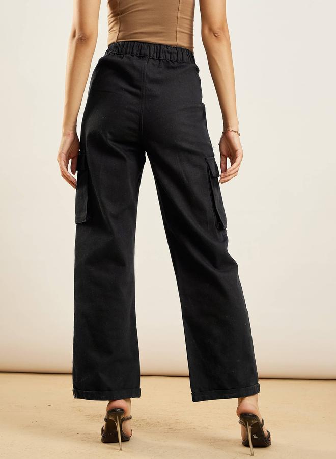 SASSAFRAS Women Black Solid High Rise Straight Pants - Image 3