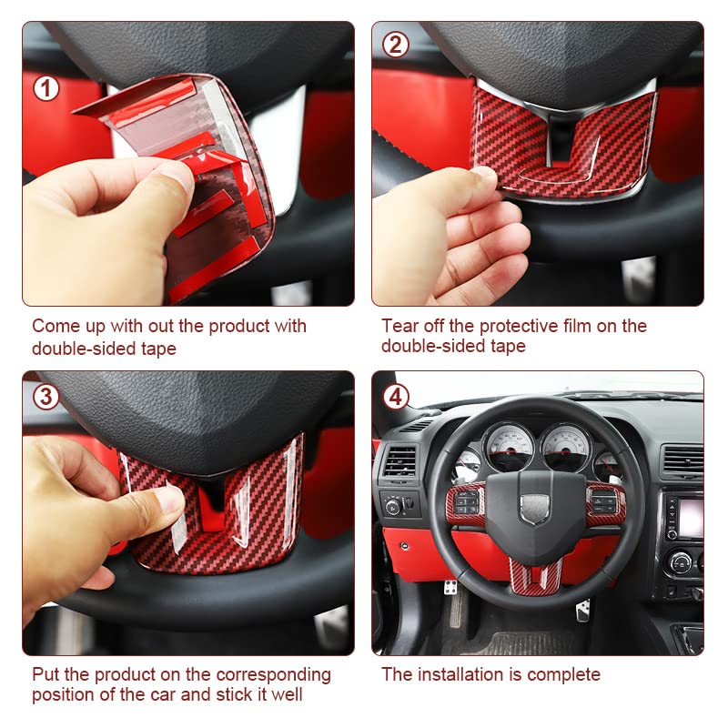 Linskip Steering Wheel Trim Compatible with Dodge Journey 2013-2022 & Charger/Challenger/Durango/Dart 2009-2014, Steering Wheel Cover for Journey Interior Accessories 3Pcs(Red Carbon Fiber) - Image 2