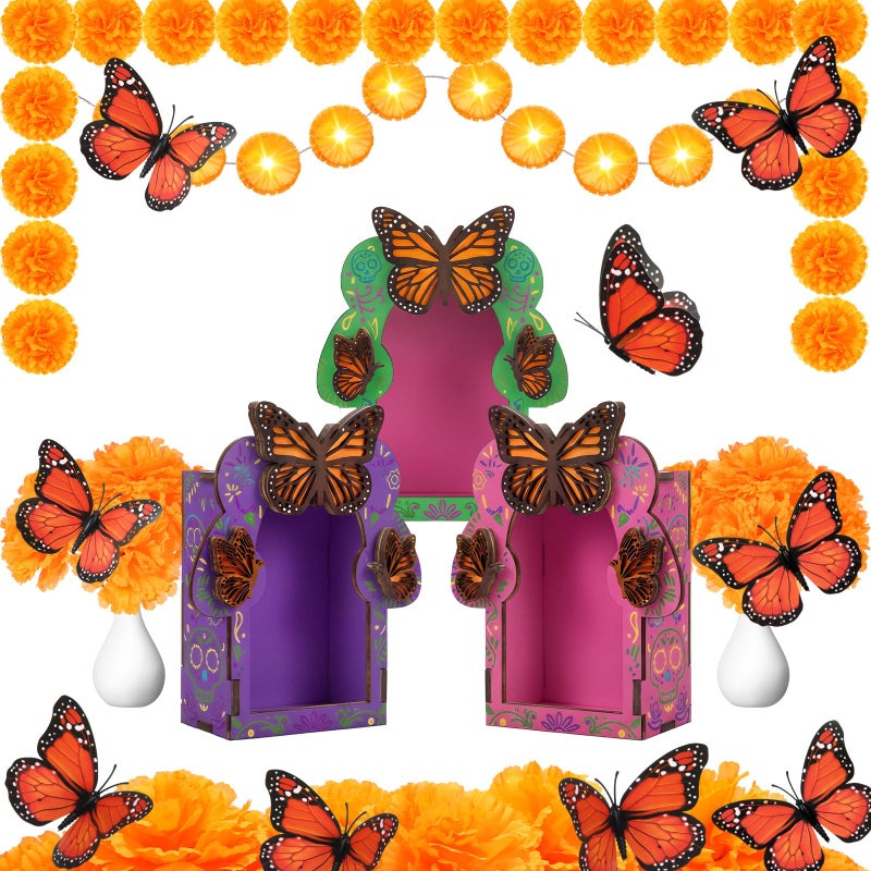 Jetec 30 Pcs Dia De Los Muertos Decoration Set Include Day of the Dead Altar Ofrenda Artificial Marigold Flowers 492 Feet Diwali Marigold Garland Light and Monarch Butterfly DecorMonarch Butterfly - Image 2