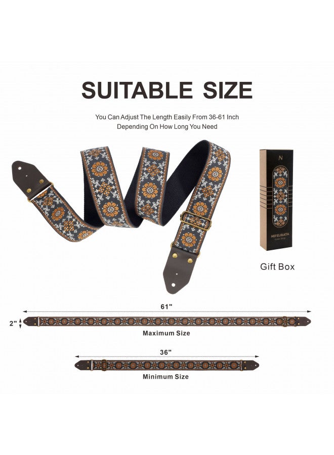 Nefelibata Nefelibata Guitar Strap,Jacquard Embroidery Cotton Guitar Straps with Crazy Horse Leather Leather Ends for Bass, Electric & Acoustic, Best Gifts for Kids, Guitarists(Retro yellow flower embroidery) - Image 2