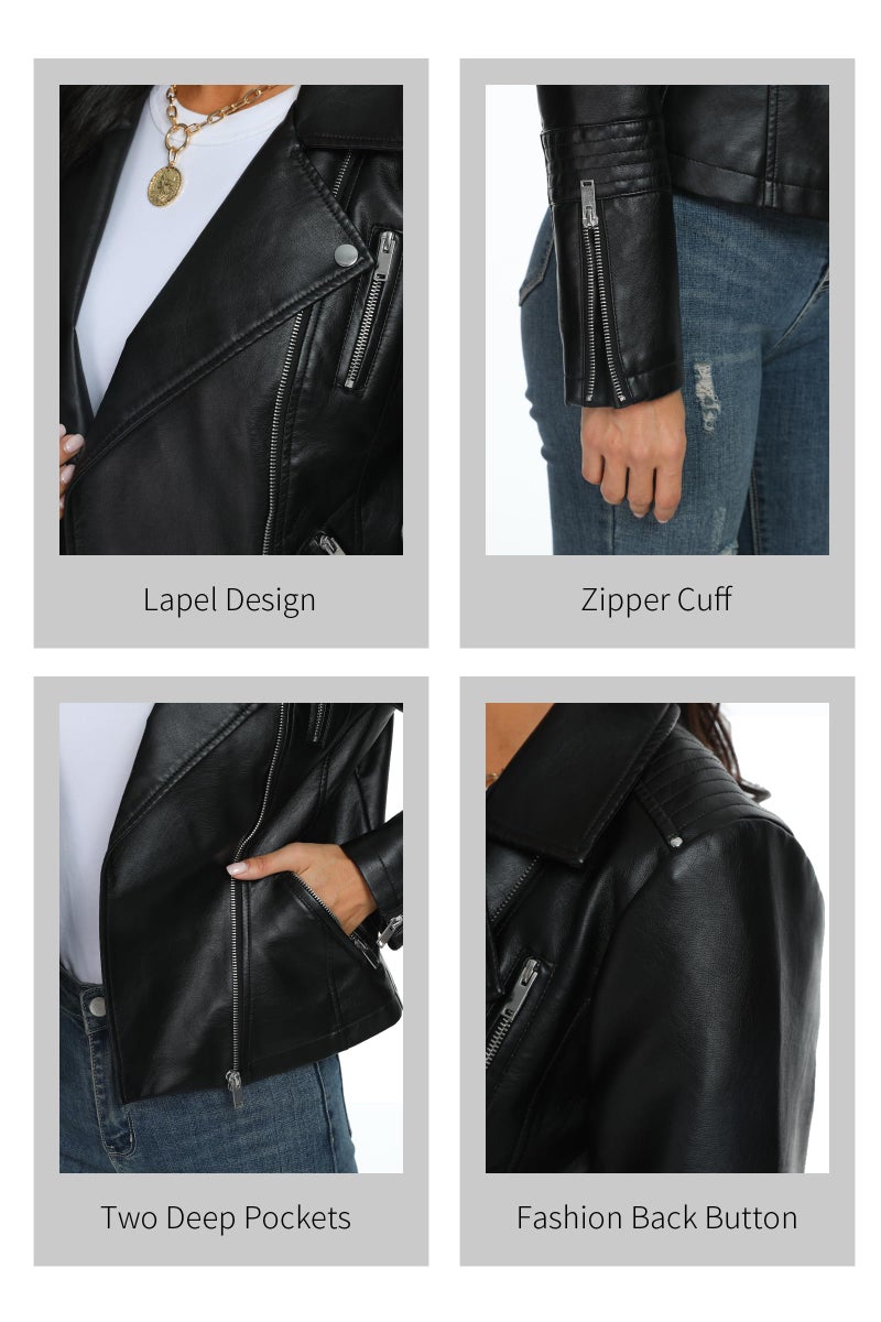 Fahsyee Women Black Leather Jackets, Faux Motorcycle Bomber Jacket Moto Bike Plus Size Coat Short Lightweight Vegan Pleather Fashion L - Image 5