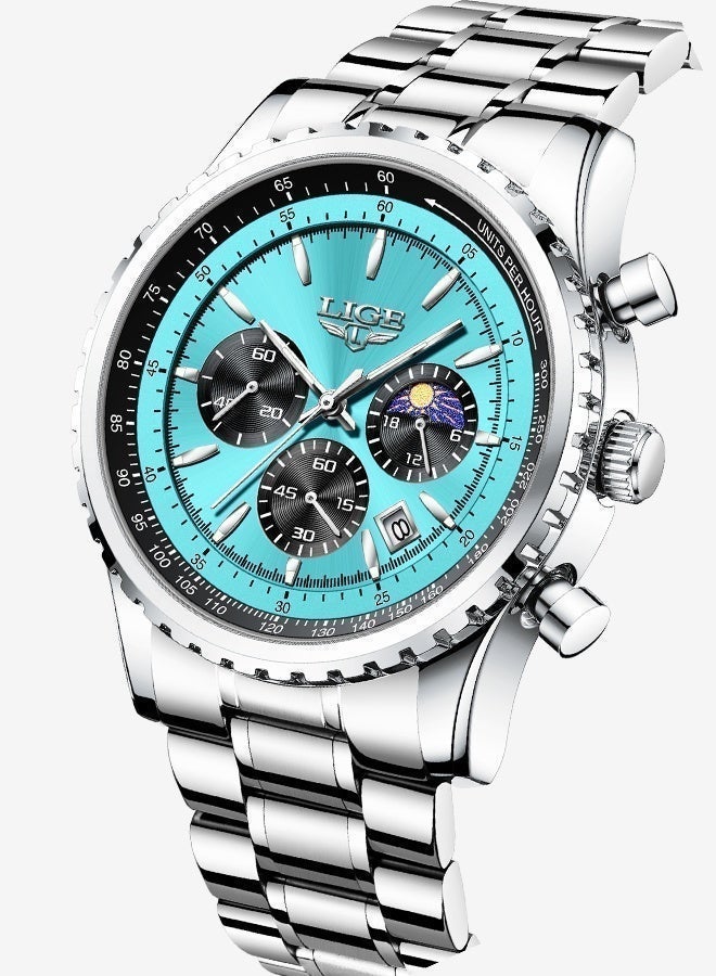 LIGE New Fashion Multifunctional Quartz Watches For Men Business Luxury Mens Wristwatches 3ATM Waterproof Luminous Second Minute Display 24-Hour Moon Phase Calendar Stainless Steel Strap Mineral High Strength Glass Butterfly Buckle Men‘s Gifts Silver Cyan - Image 5
