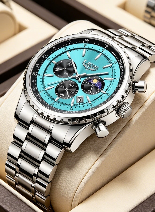 LIGE New Fashion Multifunctional Quartz Watches For Men Business Luxury Mens Wristwatches 3ATM Waterproof Luminous Second Minute Display 24-Hour Moon Phase Calendar Stainless Steel Strap Mineral High Strength Glass Butterfly Buckle Men‘s Gifts Silver Cyan - Image 2