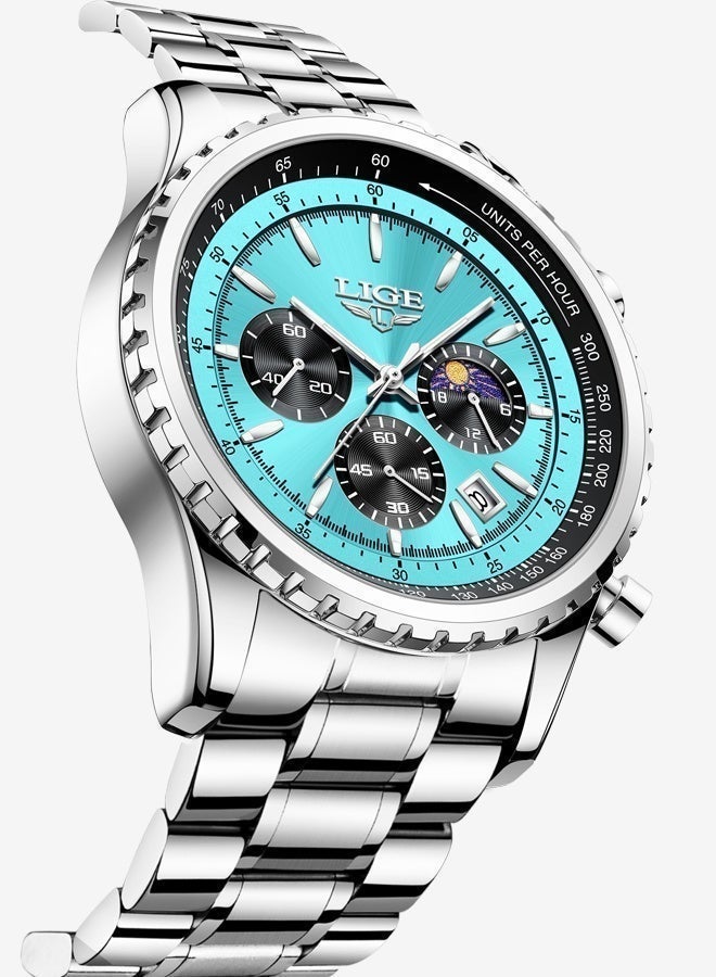 LIGE New Fashion Multifunctional Quartz Watches For Men Business Luxury Mens Wristwatches 3ATM Waterproof Luminous Second Minute Display 24-Hour Moon Phase Calendar Stainless Steel Strap Mineral High Strength Glass Butterfly Buckle Men‘s Gifts Silver Cyan - Image 3
