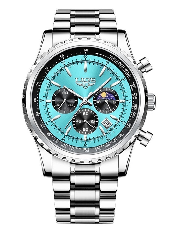 LIGE New Fashion Multifunctional Quartz Watches For Men Business Luxury Mens Wristwatches 3ATM Waterproof Luminous Second Minute Display 24-Hour Moon Phase Calendar Stainless Steel Strap Mineral High Strength Glass Butterfly Buckle Men‘s Gifts Silver Cyan - Image 4
