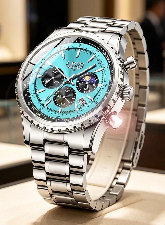 LIGE New Fashion Multifunctional Quartz Watches For Men Business Luxury Mens Wristwatches 3ATM Waterproof Luminous Second Minute Display 24-Hour Moon Phase Calendar Stainless Steel Strap Mineral High Strength Glass Butterfly Buckle Men‘s Gifts Silver Cyan - Image 1