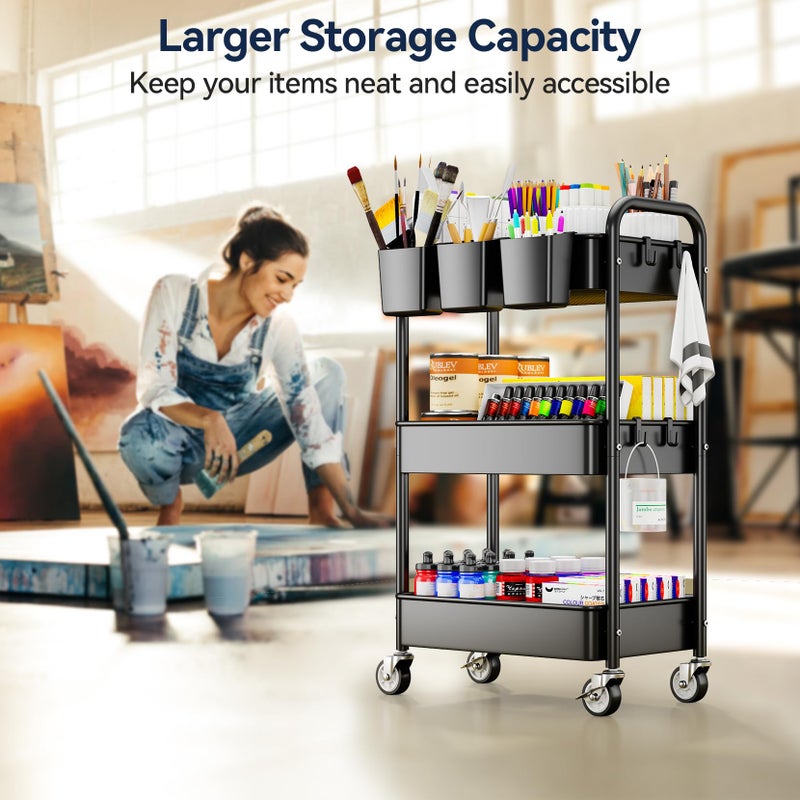 YASONIC 3 Tier Rolling Cart - Metal Utility Cart with Wheels, Hanging Cups, Hooks, Heavy Duty Mesh Rolling Storage Cart Organizer, Craft Cart for Kitchen Office, Lightweight and Sturdy - Image 4