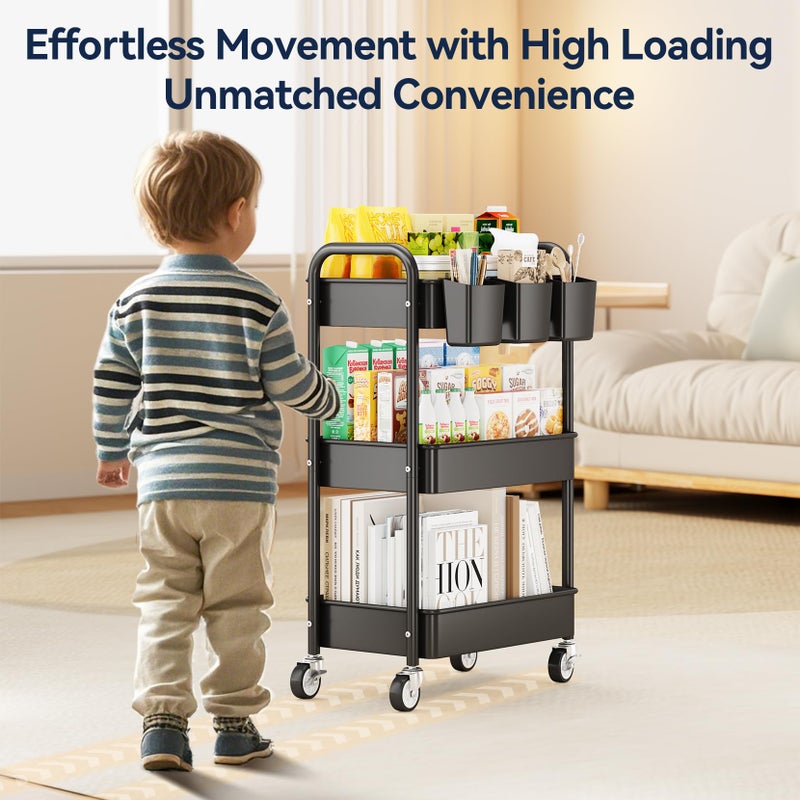 YASONIC 3 Tier Rolling Cart - Metal Utility Cart with Wheels, Hanging Cups, Hooks, Heavy Duty Mesh Rolling Storage Cart Organizer, Craft Cart for Kitchen Office, Lightweight and Sturdy - Image 2