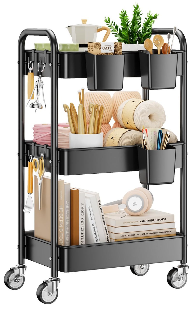 YASONIC 3 Tier Rolling Cart - Metal Utility Cart with Wheels, Hanging Cups, Hooks, Heavy Duty Mesh Rolling Storage Cart Organizer, Craft Cart for Kitchen Office, Lightweight and Sturdy - Image 1