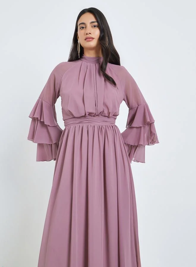 Styli  Pink High Neck Maxi Dress with Ruffle Sleeves for Women | Best Price UAE