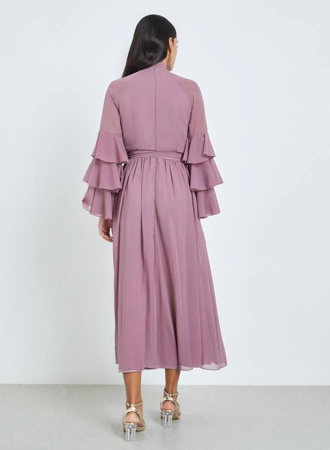 Styli  Pink High Neck Maxi Dress with Ruffle Sleeves for Women | Best Price UAE