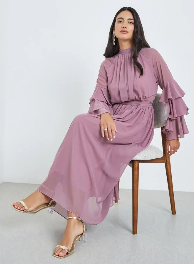 Pink High Neck Maxi Dress with Ruffle Sleeves