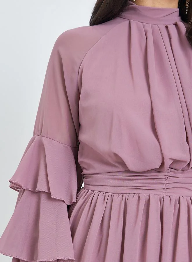 Styli  Pink High Neck Maxi Dress with Ruffle Sleeves for Women | Best Price UAE