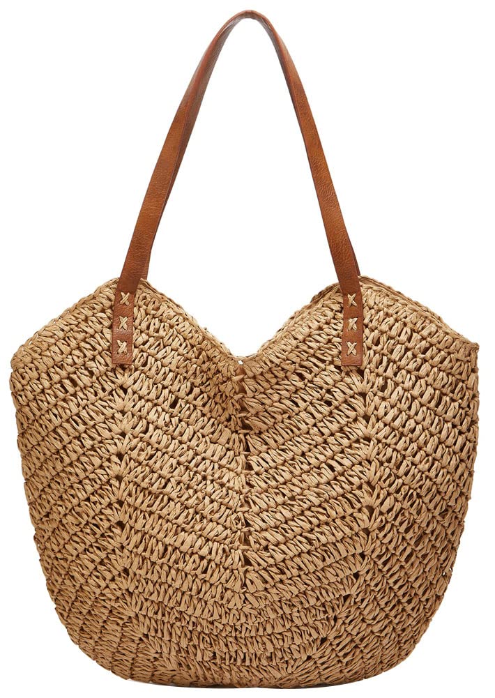 Caistre Summer Casual Straw Tote Bag Large Capacity Woven Shoulder Handbag for Summer Beach Vocation (A-Khaki) - Image 1