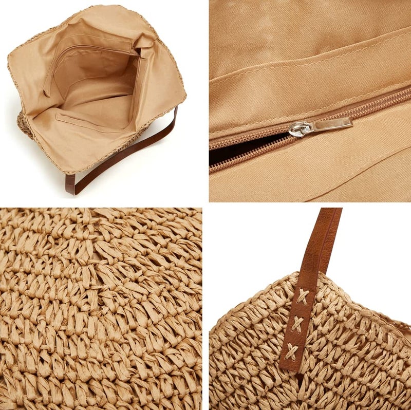 Caistre Summer Casual Straw Tote Bag Large Capacity Woven Shoulder Handbag for Summer Beach Vocation (A-Khaki) - Image 5