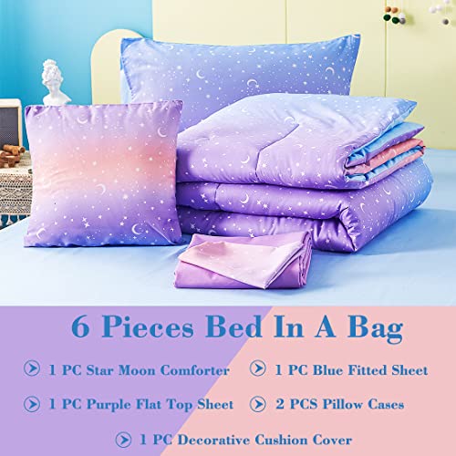 URBONUR Girls Comforter Set Full Size Gradient Purple Orange Moon Star Print Bedding Comforter with Sheets Set 6 Pcs Bed in A Bag (Comforter, Flat Sheet, Fitted Sheet, Pillowcases and Cushion Cover) - Image 2