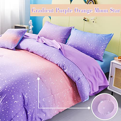 URBONUR Girls Comforter Set Full Size Gradient Purple Orange Moon Star Print Bedding Comforter with Sheets Set 6 Pcs Bed in A Bag (Comforter, Flat Sheet, Fitted Sheet, Pillowcases and Cushion Cover) - Image 3